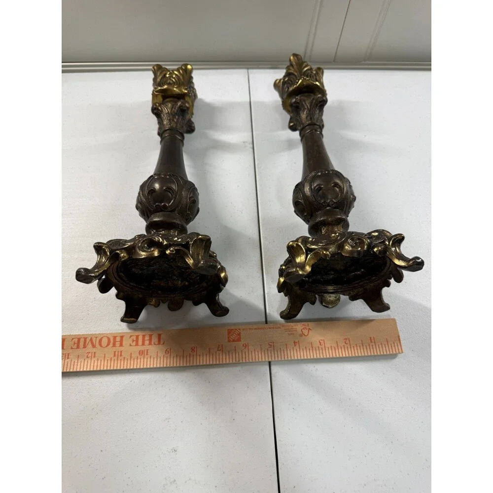 Vintage Rococo Revival Bronzed Spelter Candlesticks Pair 13” Gothic Victorian